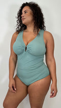CurveWow Buckle Textured Swimsuit Sage Green