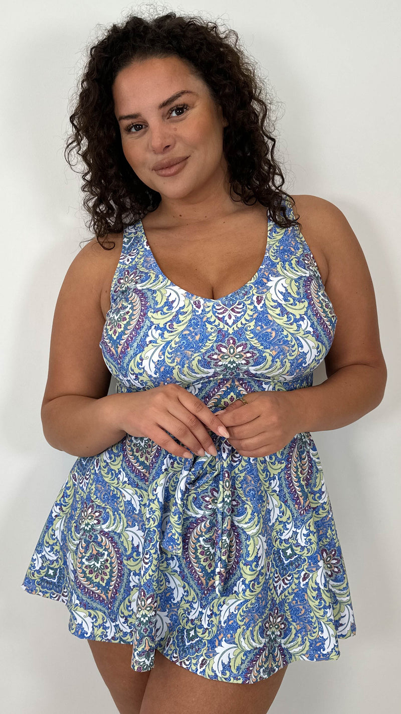 CurveWow Printed Tie Waist Swimdress Baroque Paisley