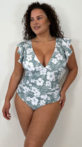 CurveWow Frill Sleeve Swimsuit Sage Green Tropical Floral