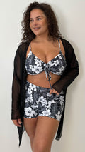 CurveWow 3 Piece Swimwear Set Black Tropical Floral