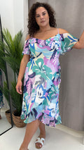CurveWow Floral Frill Cold Shoulder Dress Multi Floral