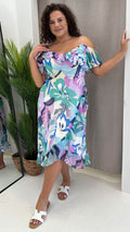 CurveWow Floral Frill Cold Shoulder Dress Multi Floral