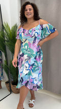 CurveWow Floral Frill Cold Shoulder Dress Multi Floral