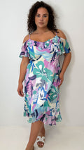 CurveWow Floral Frill Cold Shoulder Dress Multi Floral