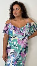 CurveWow Floral Frill Cold Shoulder Dress Multi Floral
