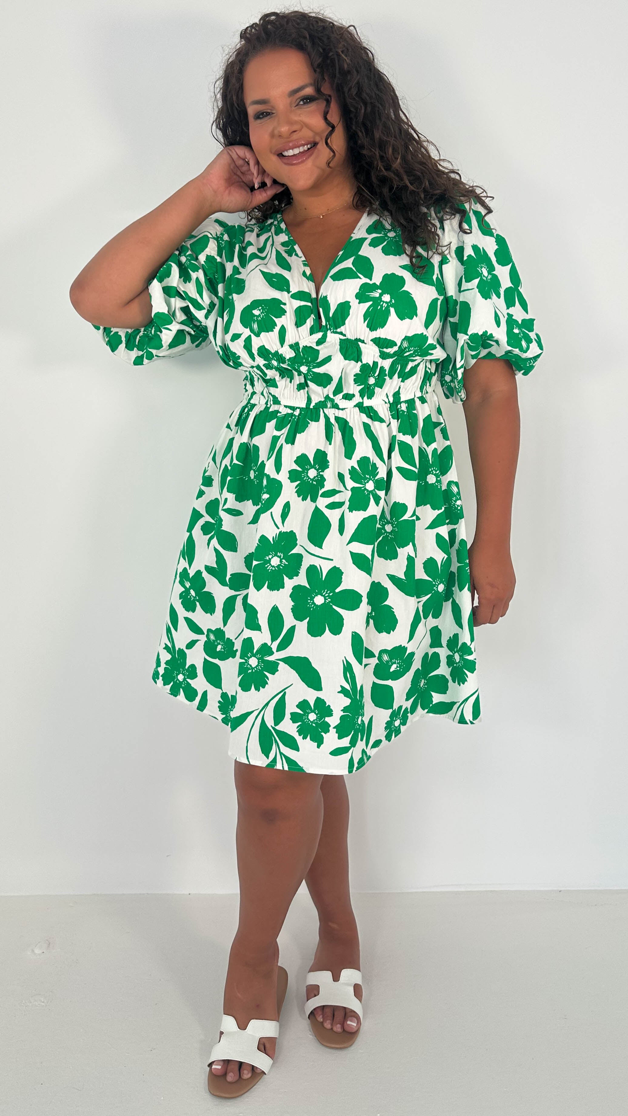 CurveWow Puff Sleeve V Neck Dress Green Floral