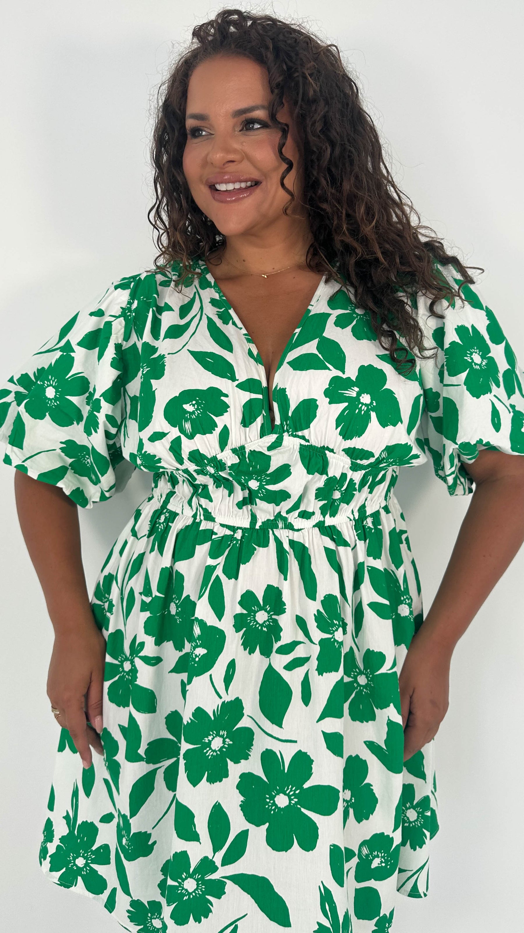 CurveWow Puff Sleeve V Neck Dress Green Floral Curvewow CurveWow Puff Sleeve V Neck Dress Green Floral Curvewow