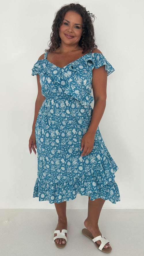 CurveWow Frill Wrap Dress Blue