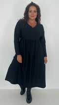 CurveWow Textured V Neck Long Sleeve Midi Dress Black
