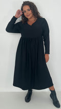 CurveWow Textured V Neck Long Sleeve Midi Dress Black