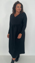 CurveWow Textured V Neck Long Sleeve Midi Dress Black