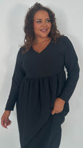 CurveWow Textured V Neck Long Sleeve Midi Dress Black