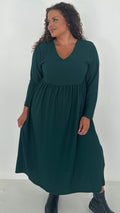 CurveWow Textured V Neck Long Sleeve Midi Dress Green
