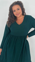 CurveWow Textured V Neck Long Sleeve Midi Dress Green