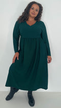 CurveWow Textured V Neck Long Sleeve Midi Dress Green