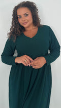CurveWow Textured V Neck Long Sleeve Midi Dress Green