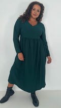CurveWow Textured V Neck Long Sleeve Midi Dress Green