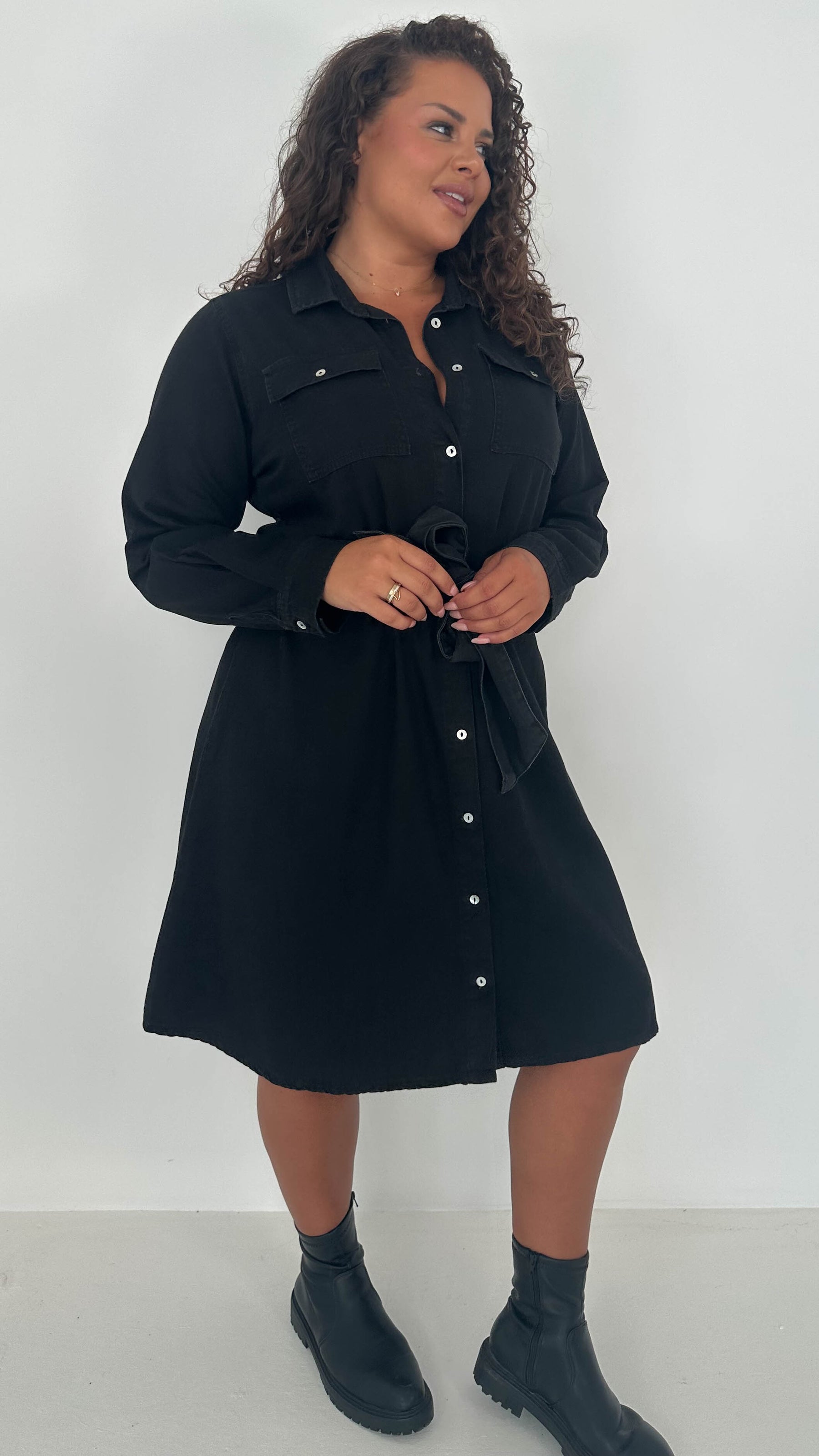CurveWow Denim Belted Oversized Shirt Dress Black Wash – Curvewow
