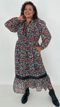 CurveWow Lace Insert Printed Midi Dress Multi Floral