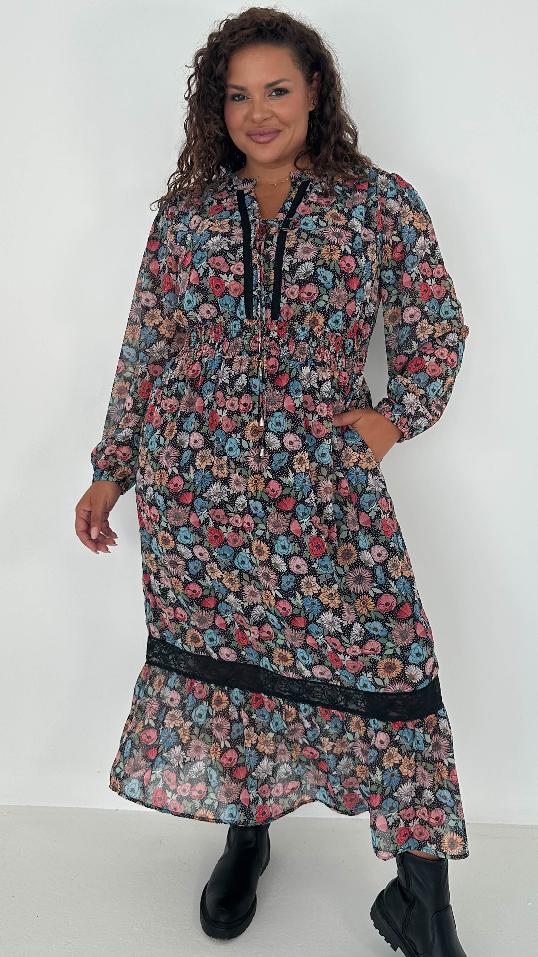CurveWow Lace Insert Printed Midi Dress Multi Floral