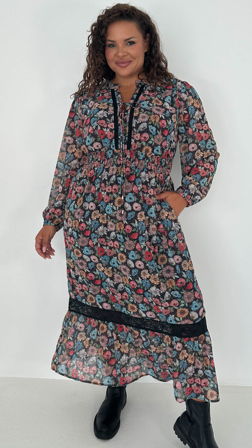 CurveWow Lace Insert Printed Midi Dress Multi Floral