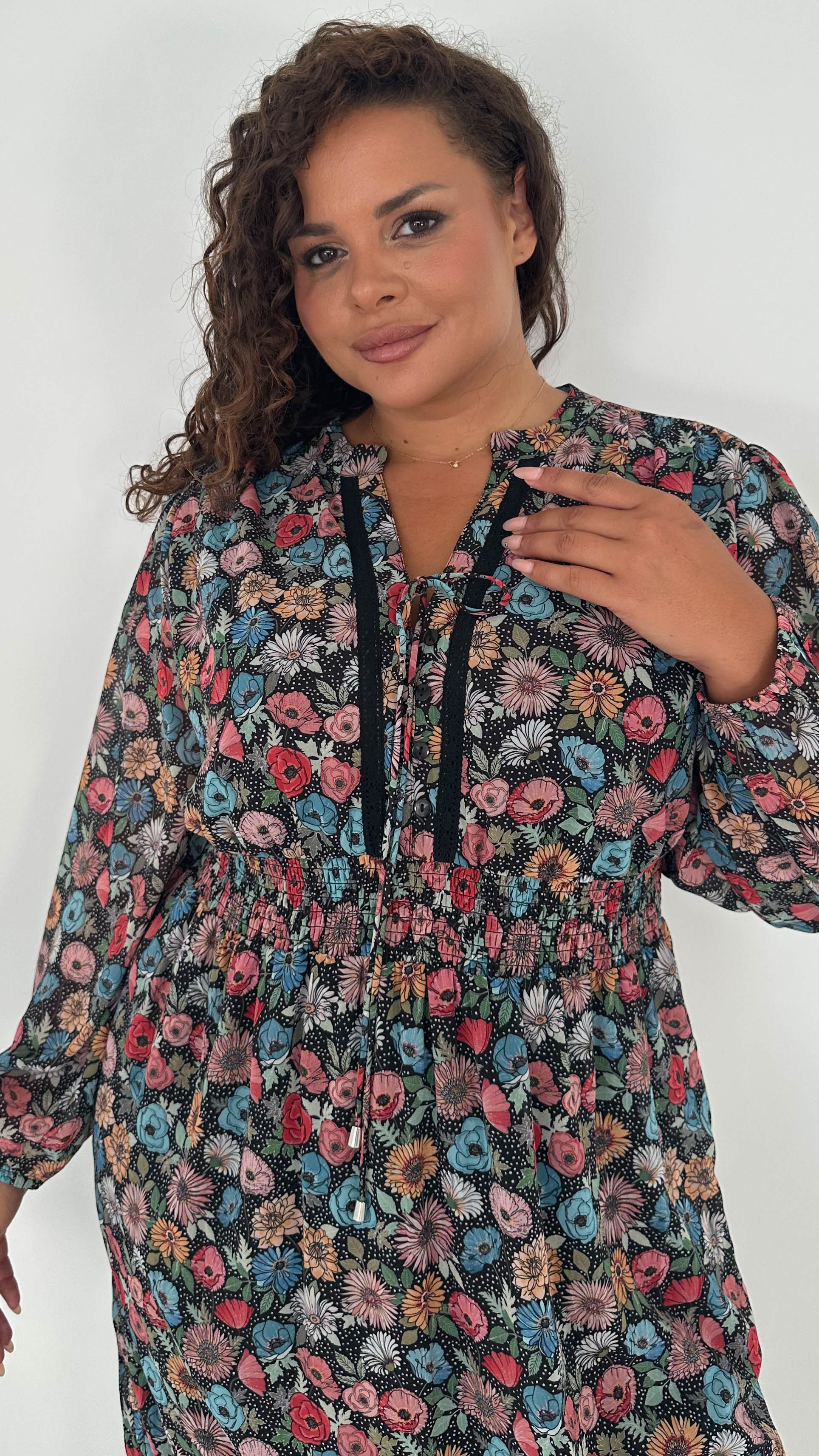 CurveWow Lace Insert Printed Midi Dress Multi Floral