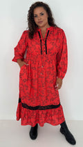 CurveWow Lace Insert Printed Midi Dress Red Leaf