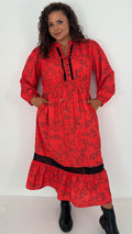 CurveWow Lace Insert Printed Midi Dress Red Leaf