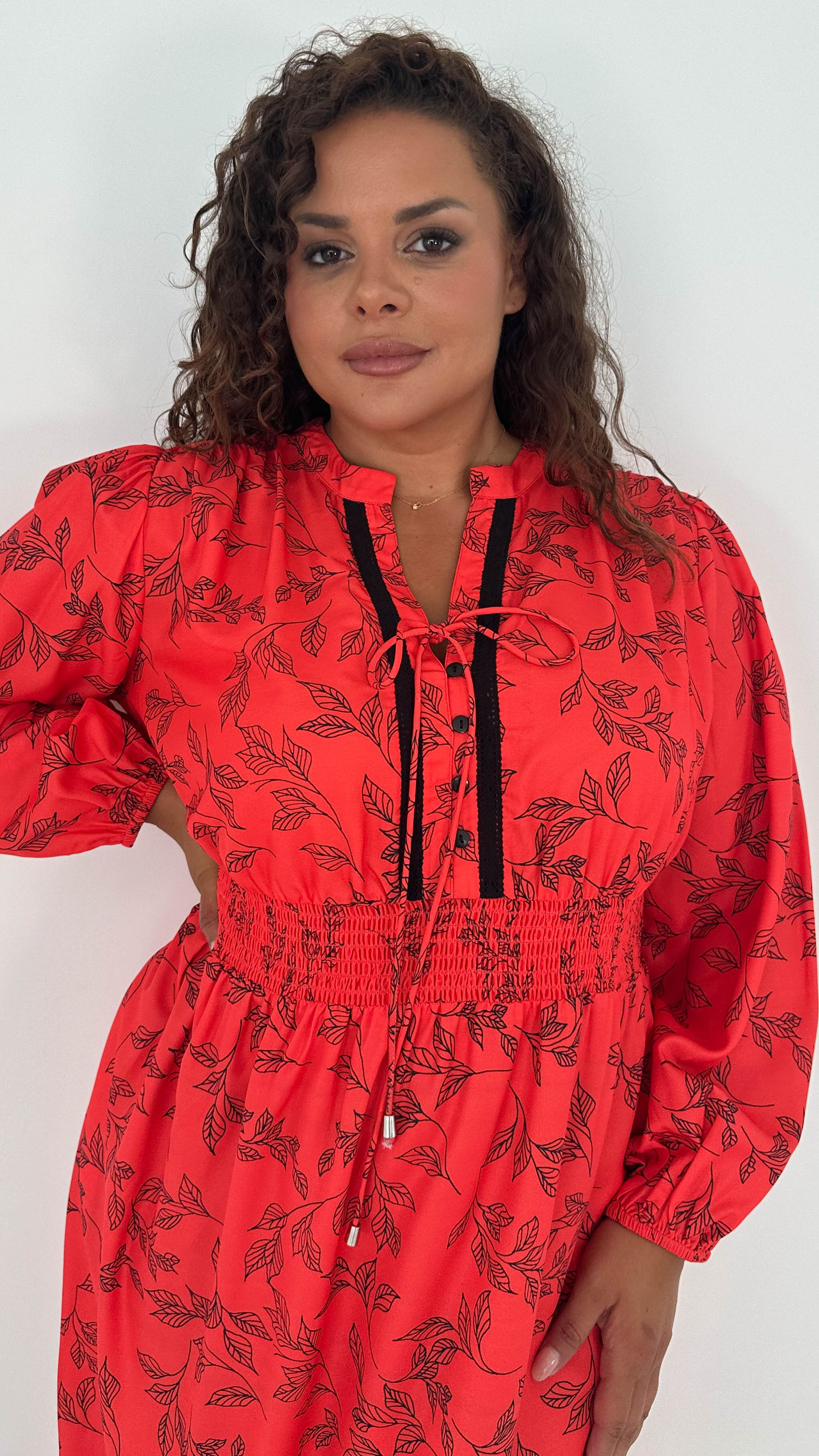 CurveWow Lace Insert Printed Midi Dress Red Leaf