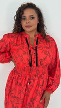 CurveWow Lace Insert Printed Midi Dress Red Leaf