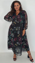 CurveWow V-Neck Tie Detail Maxi Dress Black Floral