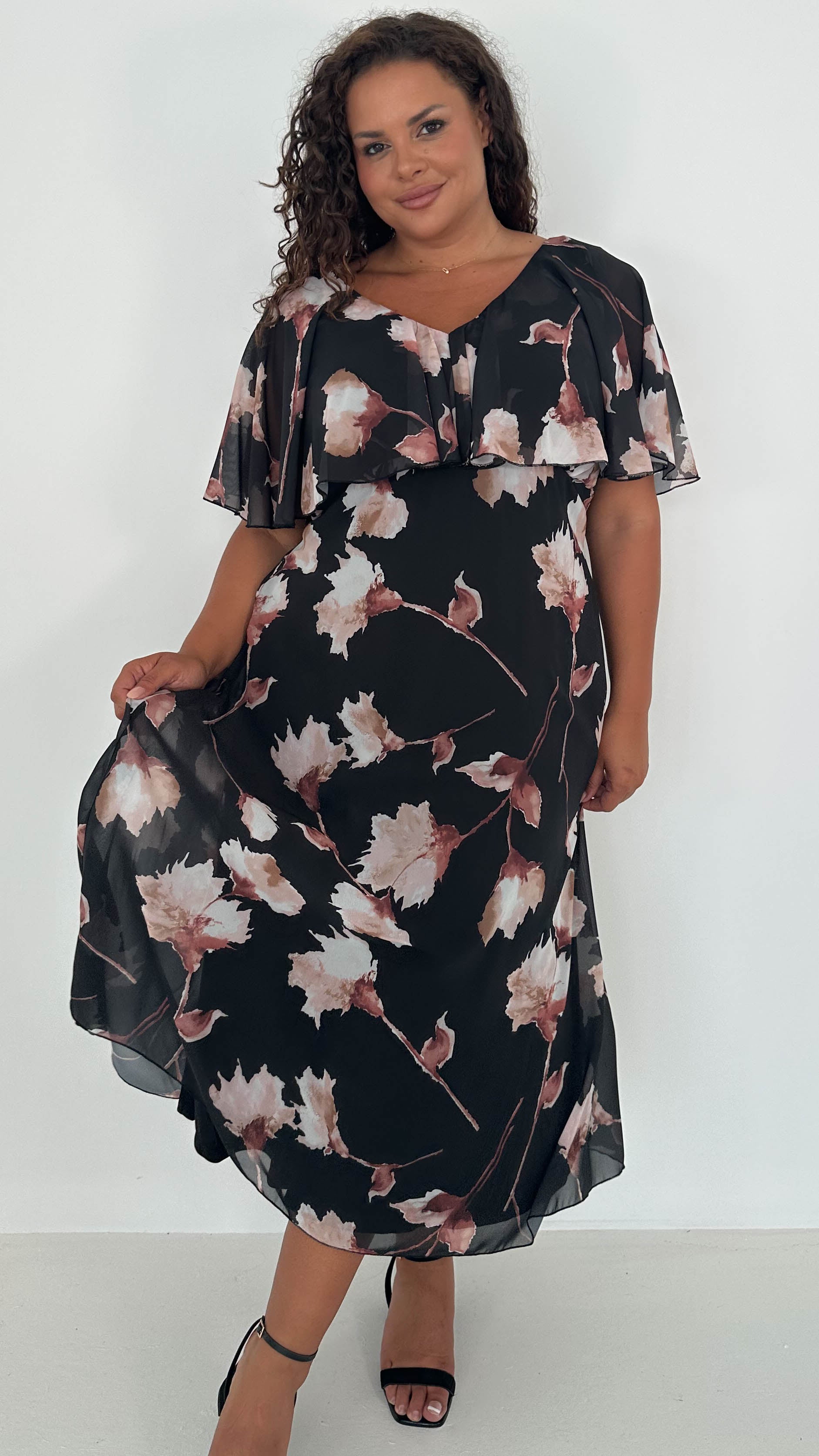 CurveWow Cape Frill Midaxi Dress Black Floral