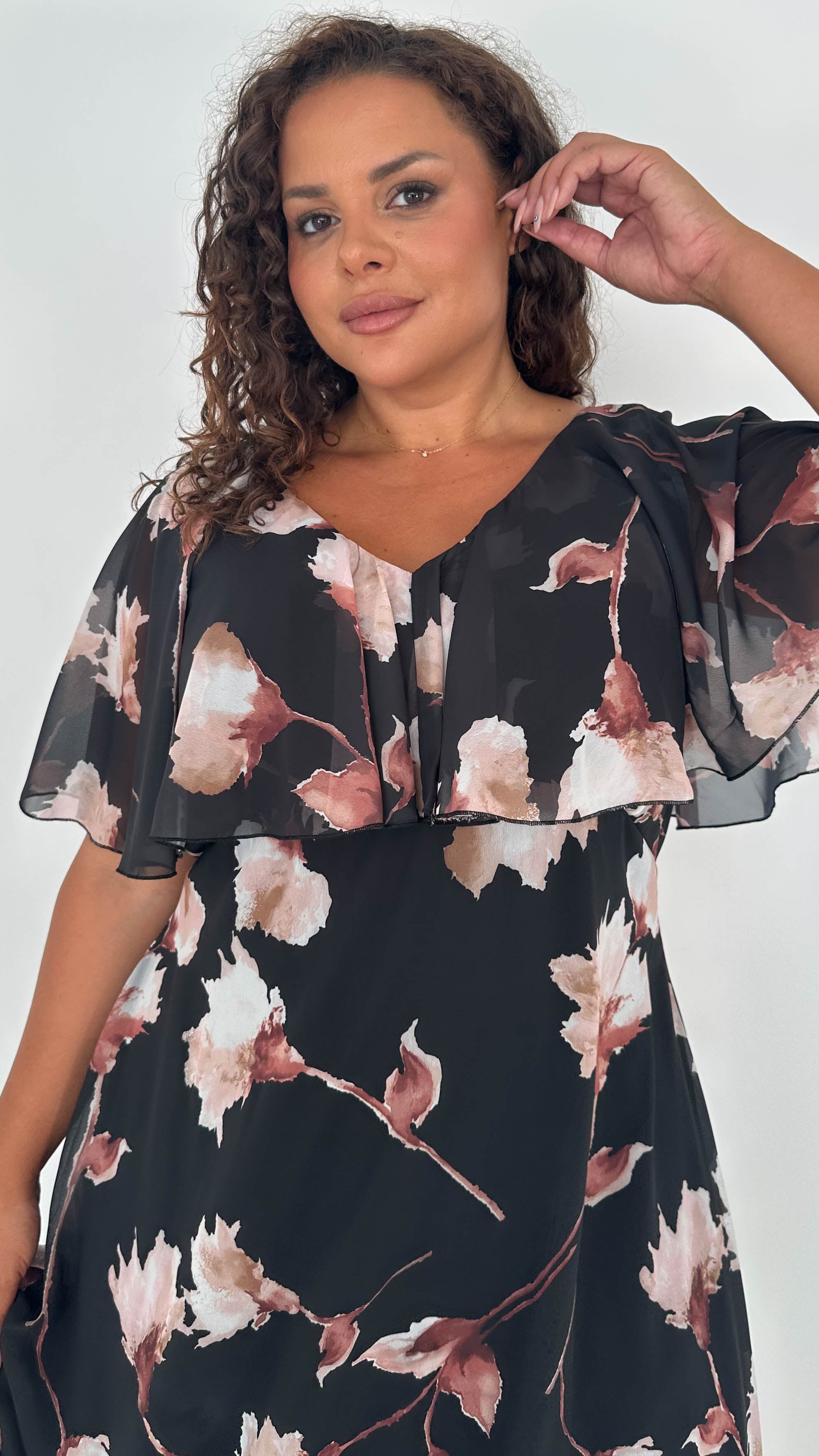 CurveWow Cape Frill Midaxi Dress Black Floral