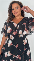 CurveWow Cape Frill Midaxi Dress Black Floral