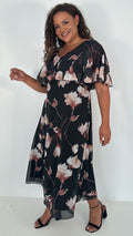 CurveWow Cape Frill Midaxi Dress Black Floral