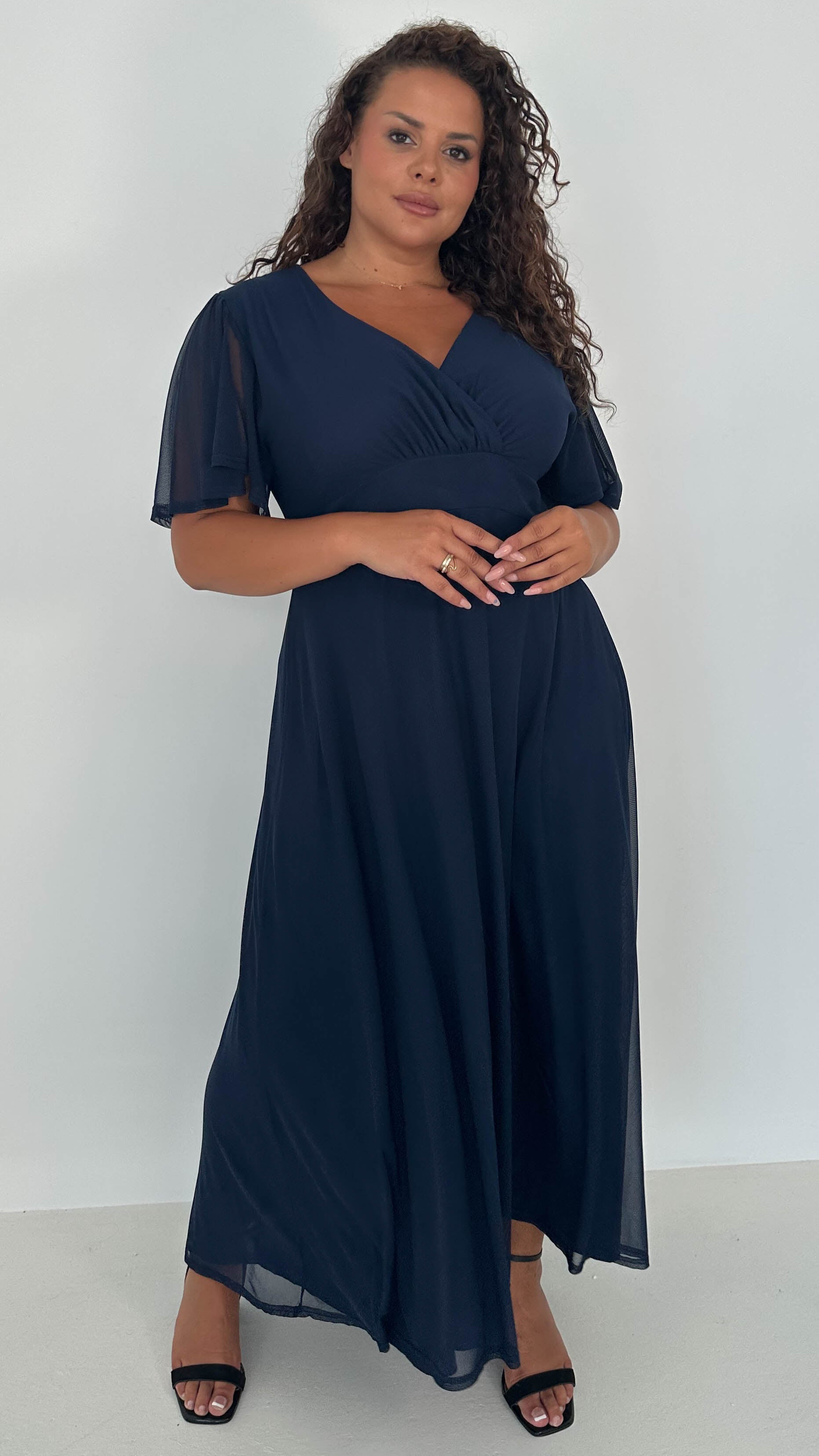 CurveWow Mesh Angel Sleeve Midaxi Dress Navy