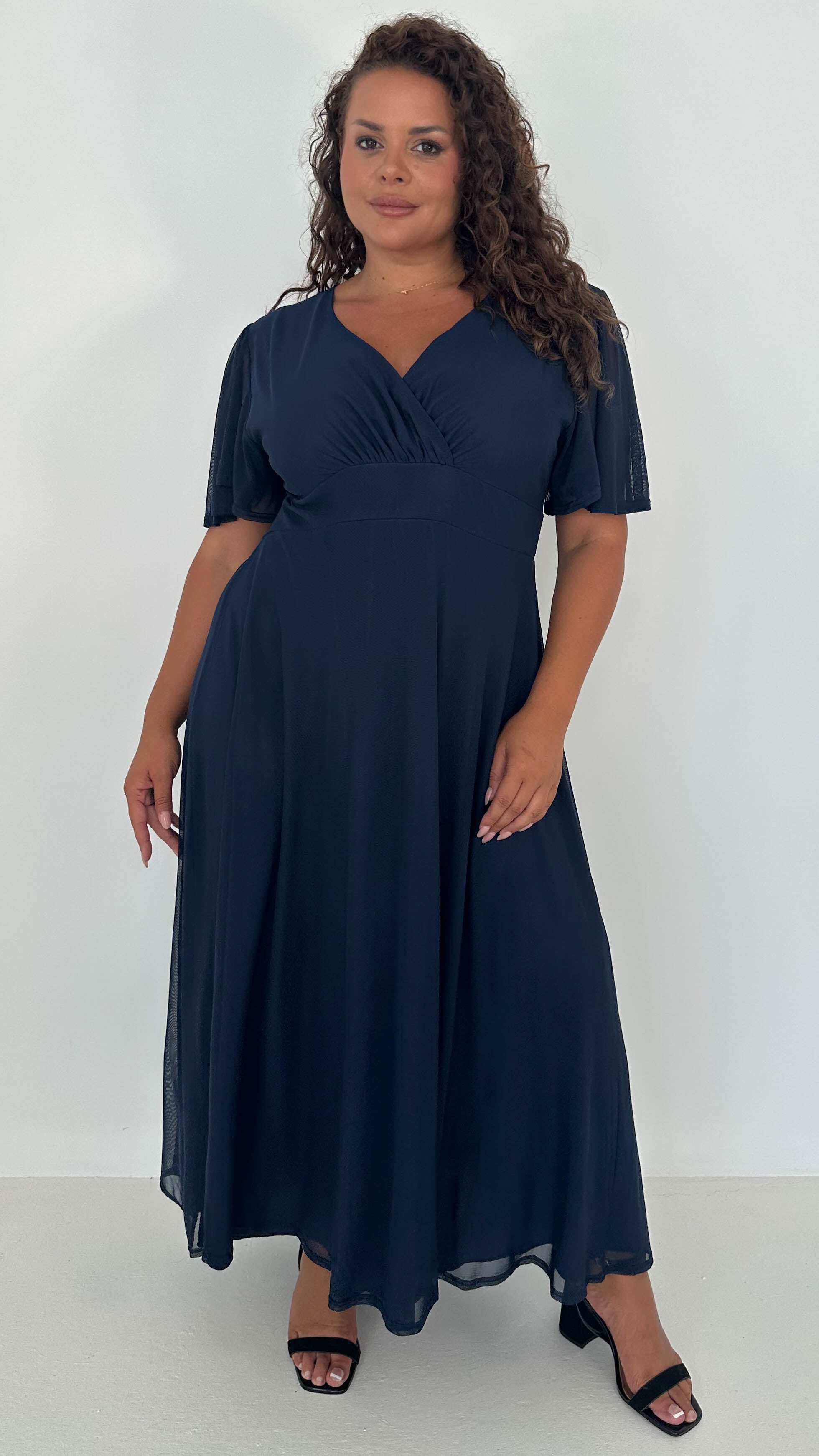 CurveWow Mesh Angel Sleeve Midaxi Dress Navy