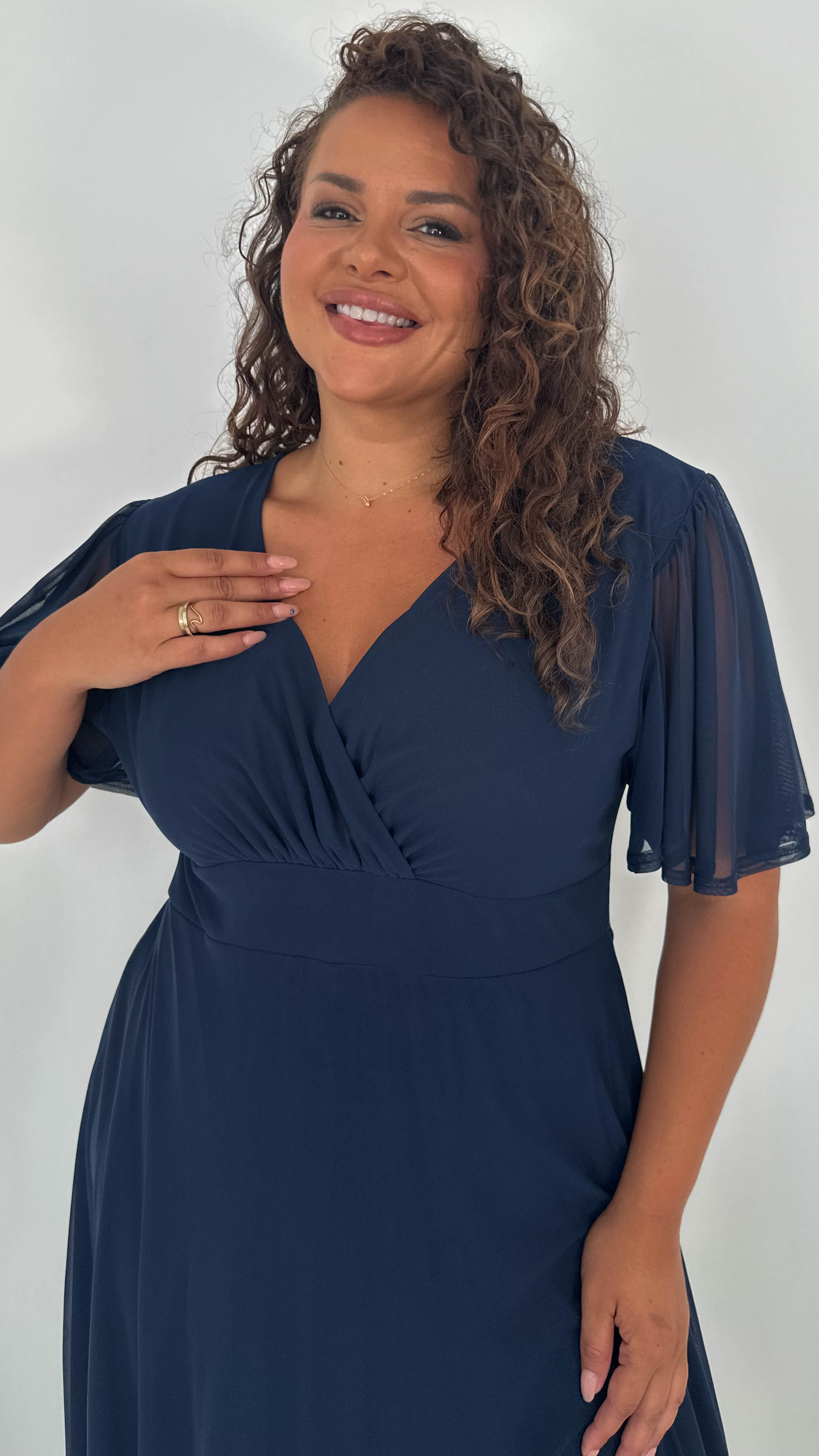 CurveWow Mesh Angel Sleeve Midaxi Dress Navy