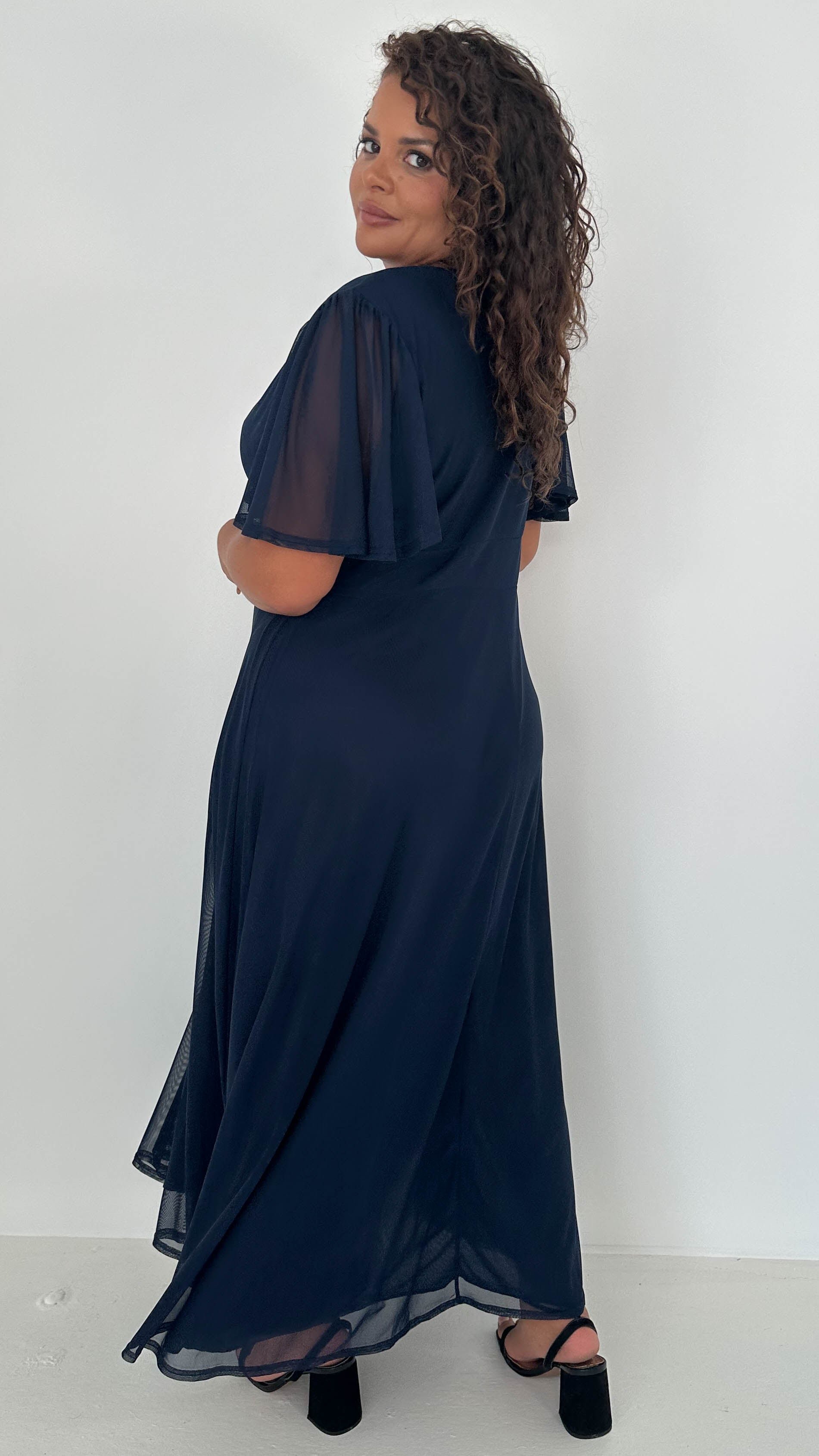 CurveWow Mesh Angel Sleeve Midaxi Dress Navy