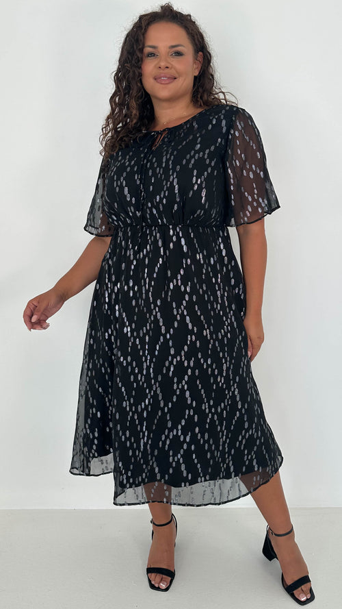 CurveWow Foil Tie Front Midi Dress Black Silver