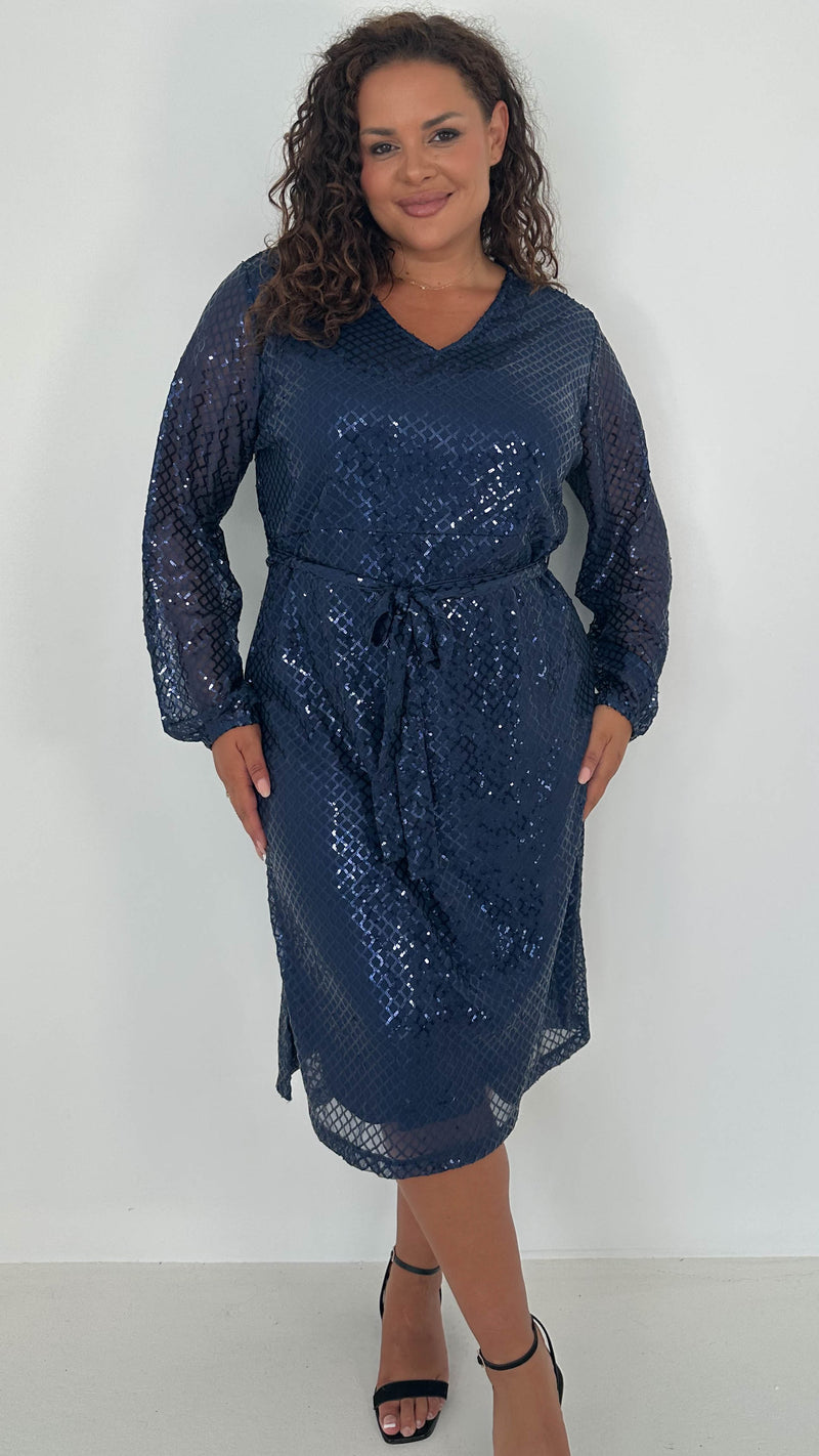 CurveWow Mid Length Cross Sequin Dress Navy