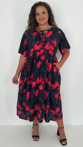 CurveWow Tied Bow Front Dress Black & Red Floral