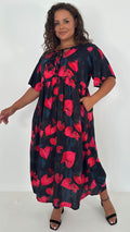 CurveWow Tied Bow Front Dress Black & Red Floral