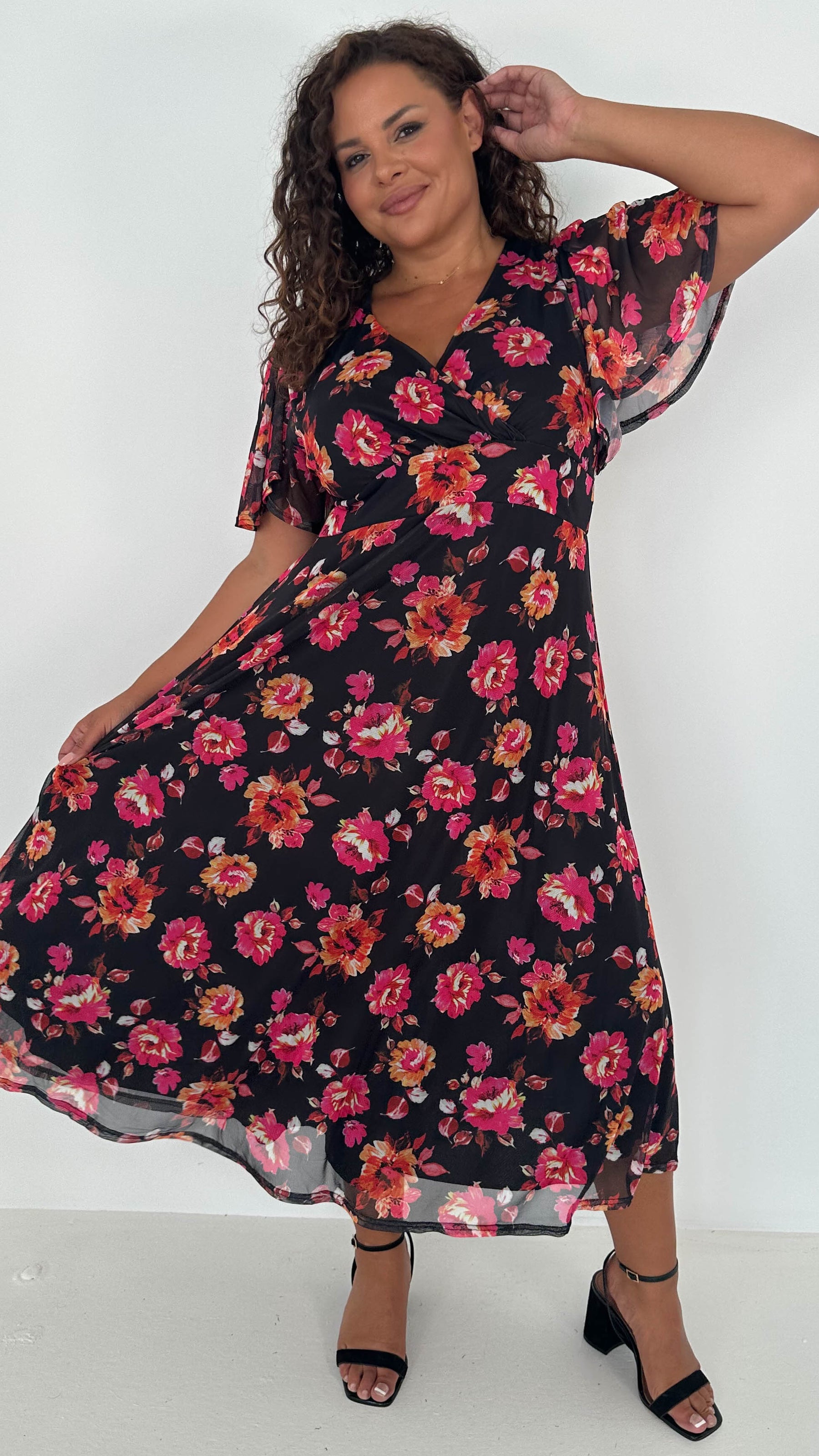 CurveWow Mesh Angel Sleeve Dress Black Pink Floral – Curvewow