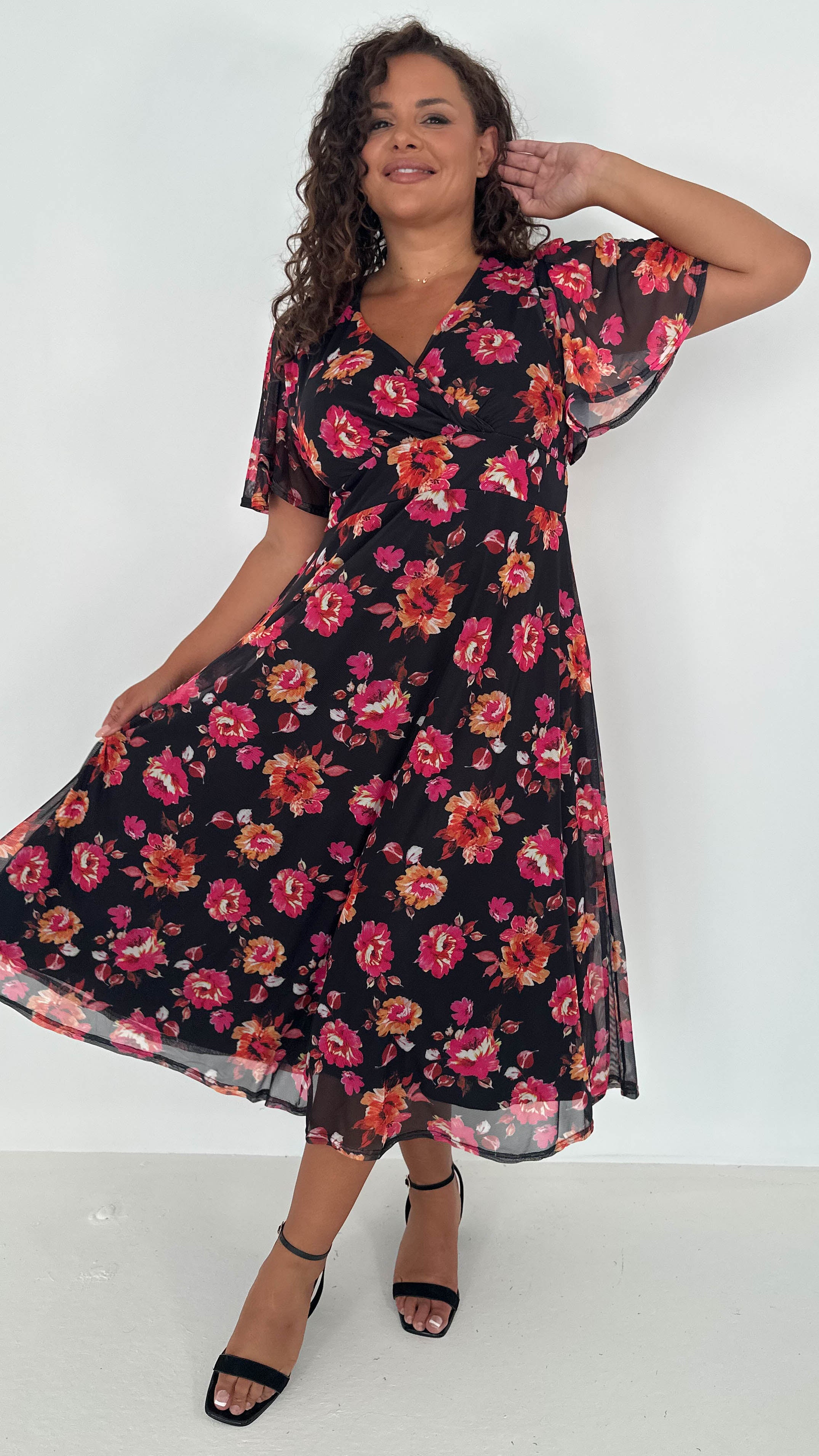 CurveWow Mesh Angel Sleeve Dress Black Pink Floral