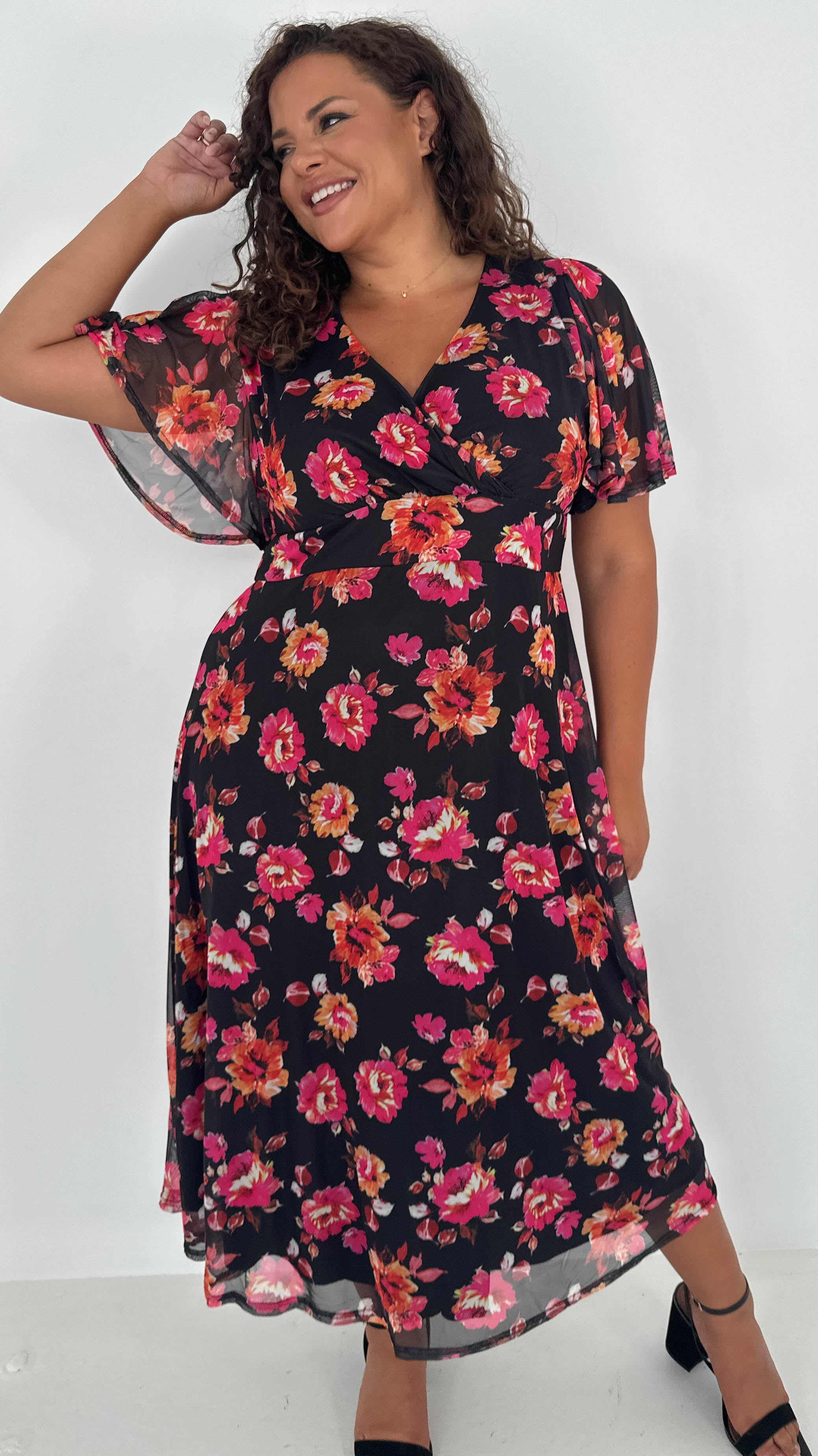 CurveWow Mesh Angel Sleeve Dress Black Pink Floral Curvewow CurveWow Mesh Angel Sleeve Dress Black Pink Floral Curvewow
