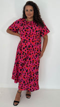 CurveWow Short Sleeve Maxi Tea Dress Pink Animal