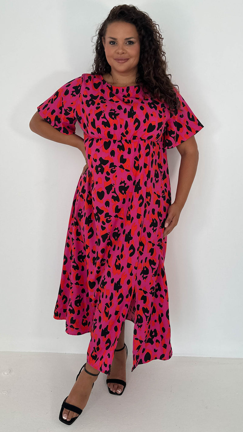 CurveWow Short Sleeve Maxi Tea Dress Pink Animal