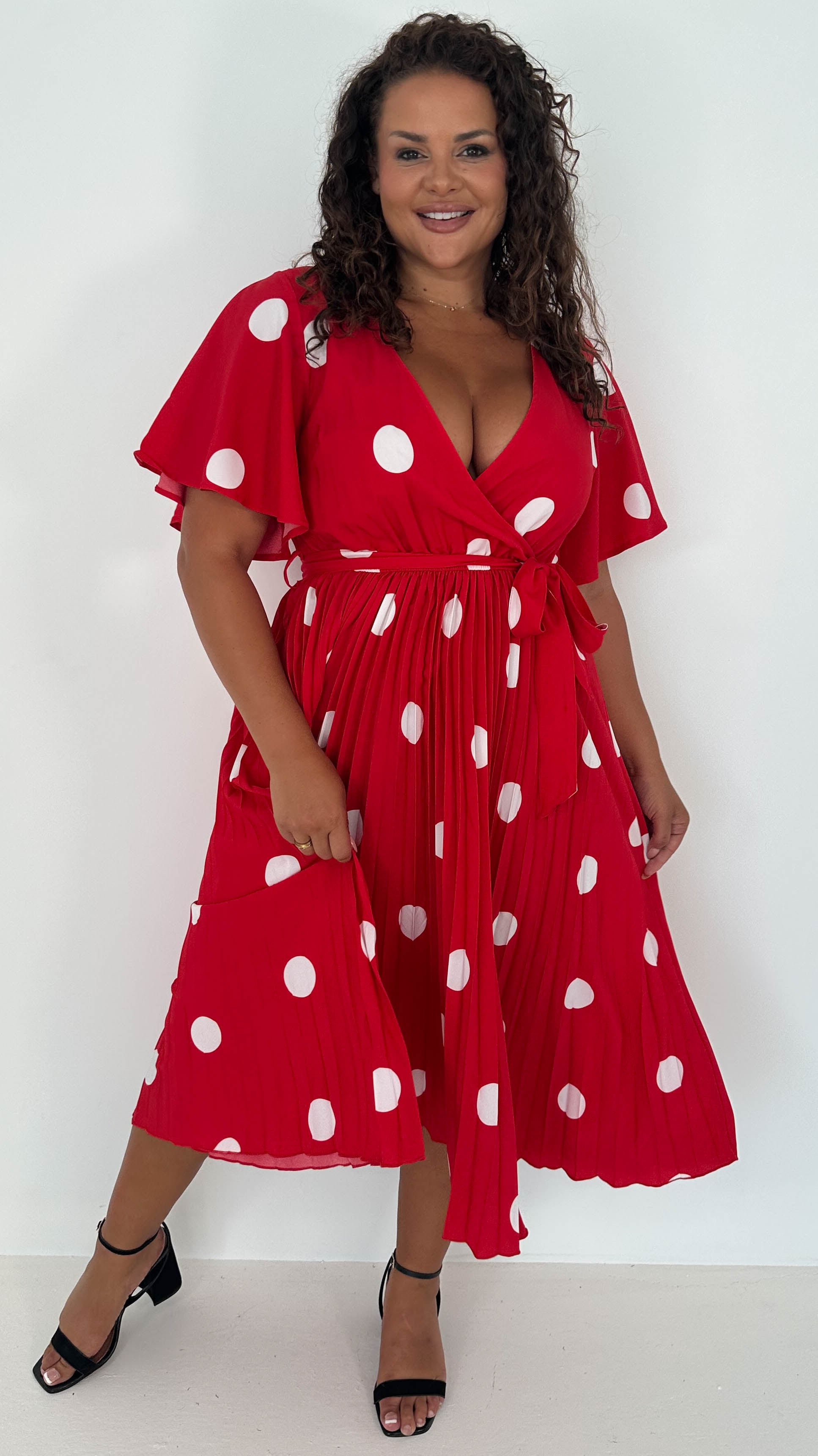 CurveWow Wrap Angel Sleeve Pleated Midi Dress Red Polka Dots