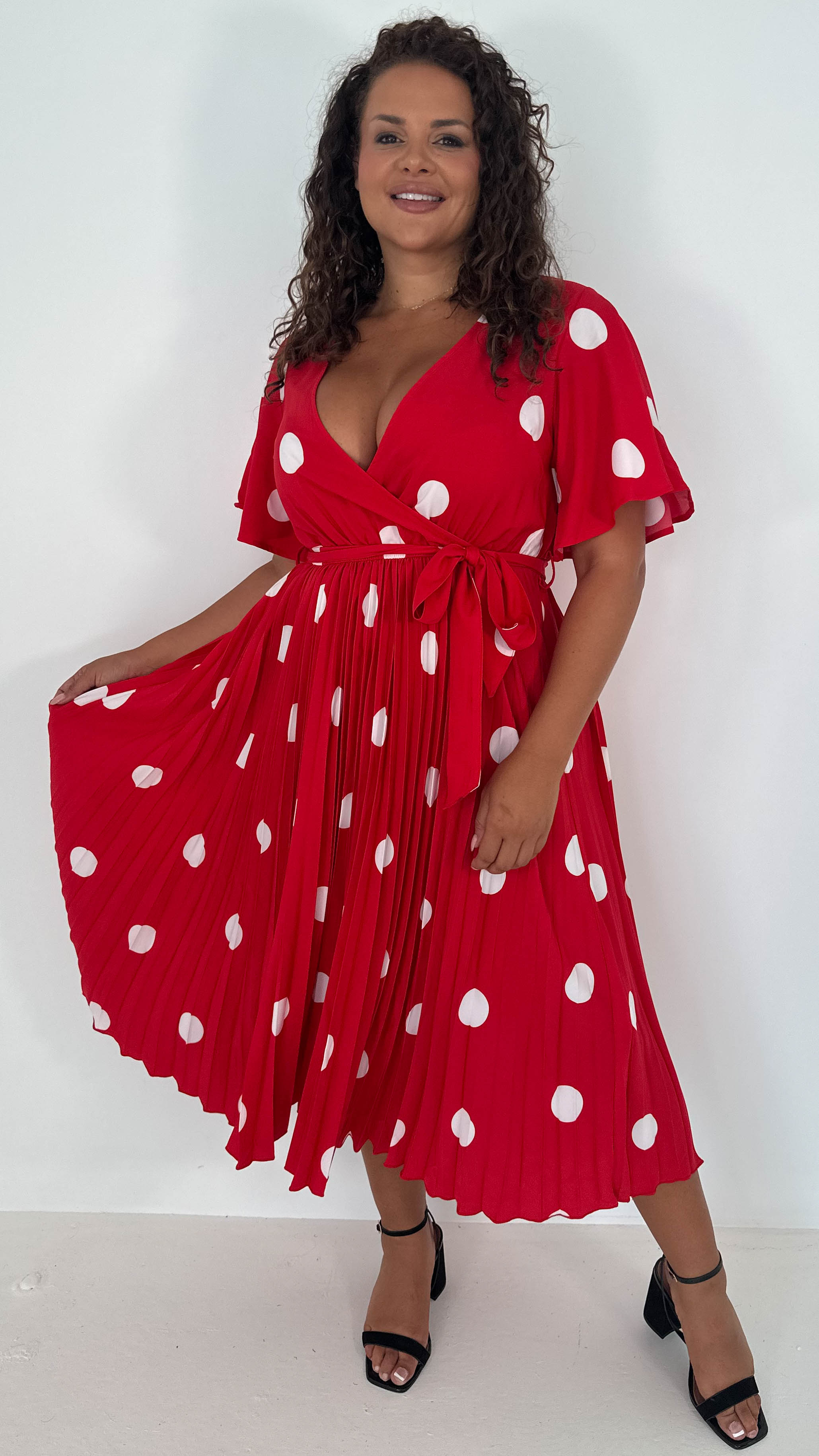 CurveWow Wrap Angel Sleeve Pleated Midi Dress Red Polka Dots